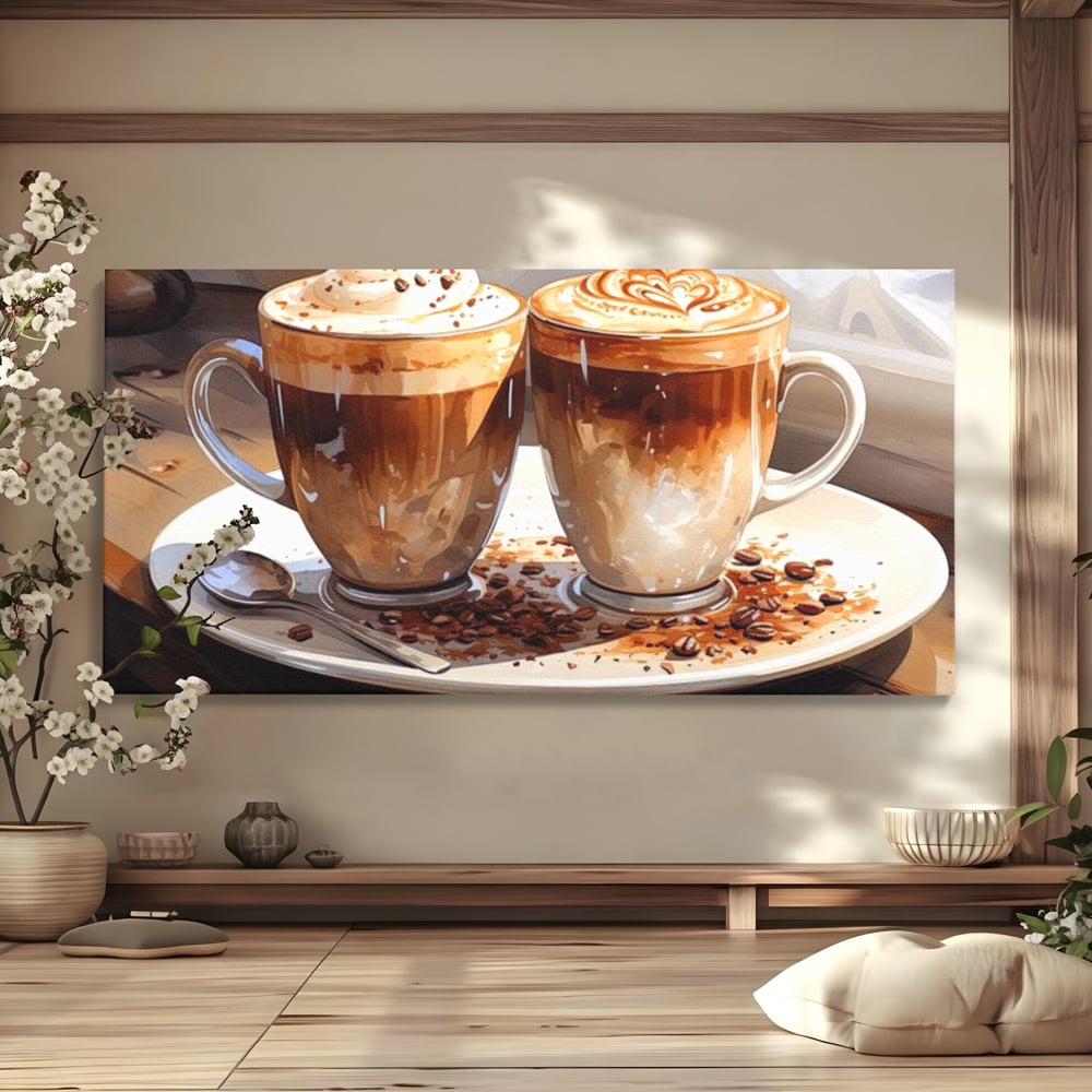 Tablou canvas cu tablou canvas cu cesti de cafea, fara rama, pe sasiu de lemn